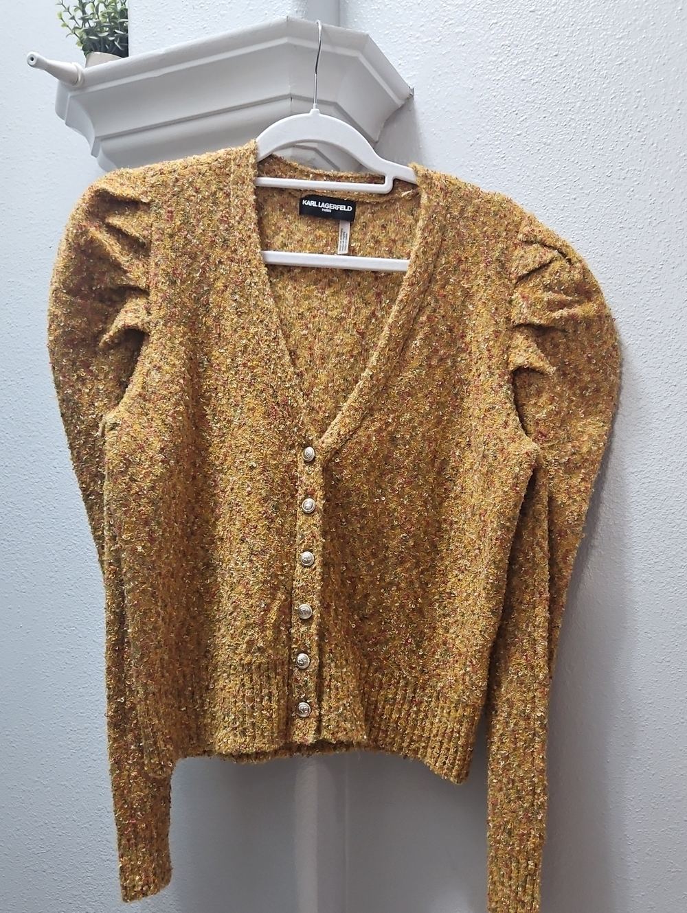 Karl Lagerfeld Mustard Tweed Pearl-Button Puff Sleeve Cardigan
